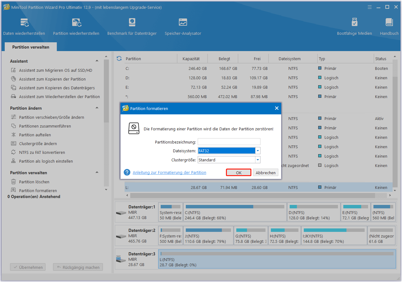 Wählen Sie in MiniTool Partition Wizard das Dateisystem FAT32 für die SD-Karte aus.