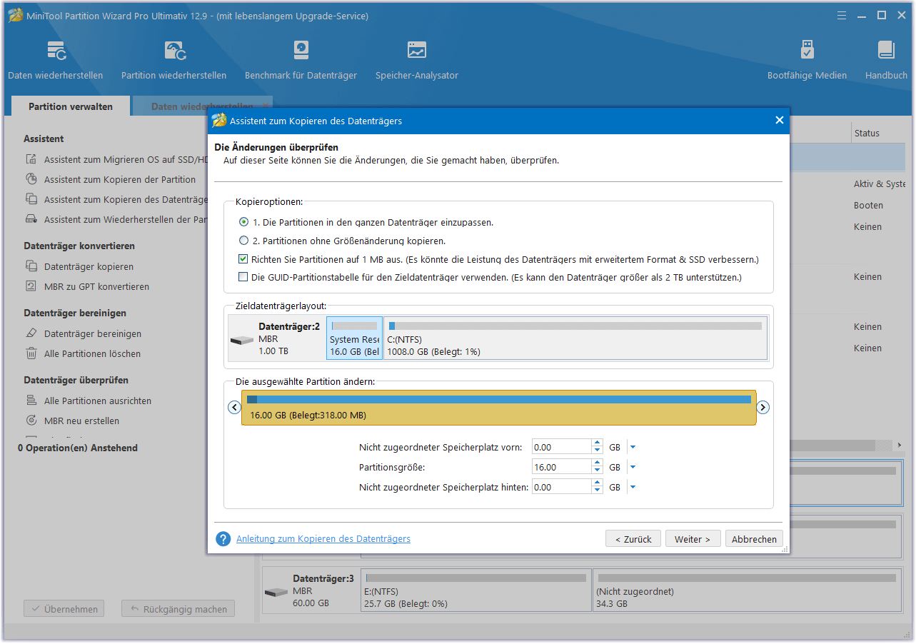 Wählen Sie eine Kopieroption in MiniTool Partition Wizard