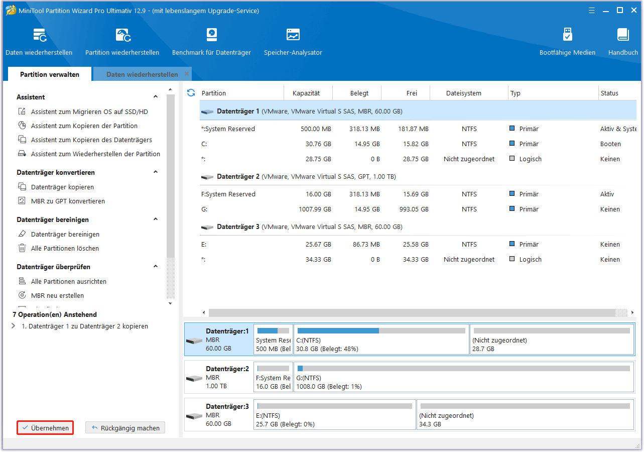 Klicken Sie auf die Schaltfläche Übernehmen, um den Klonvorgang in MiniTool Partition Wizard abzuschließen.