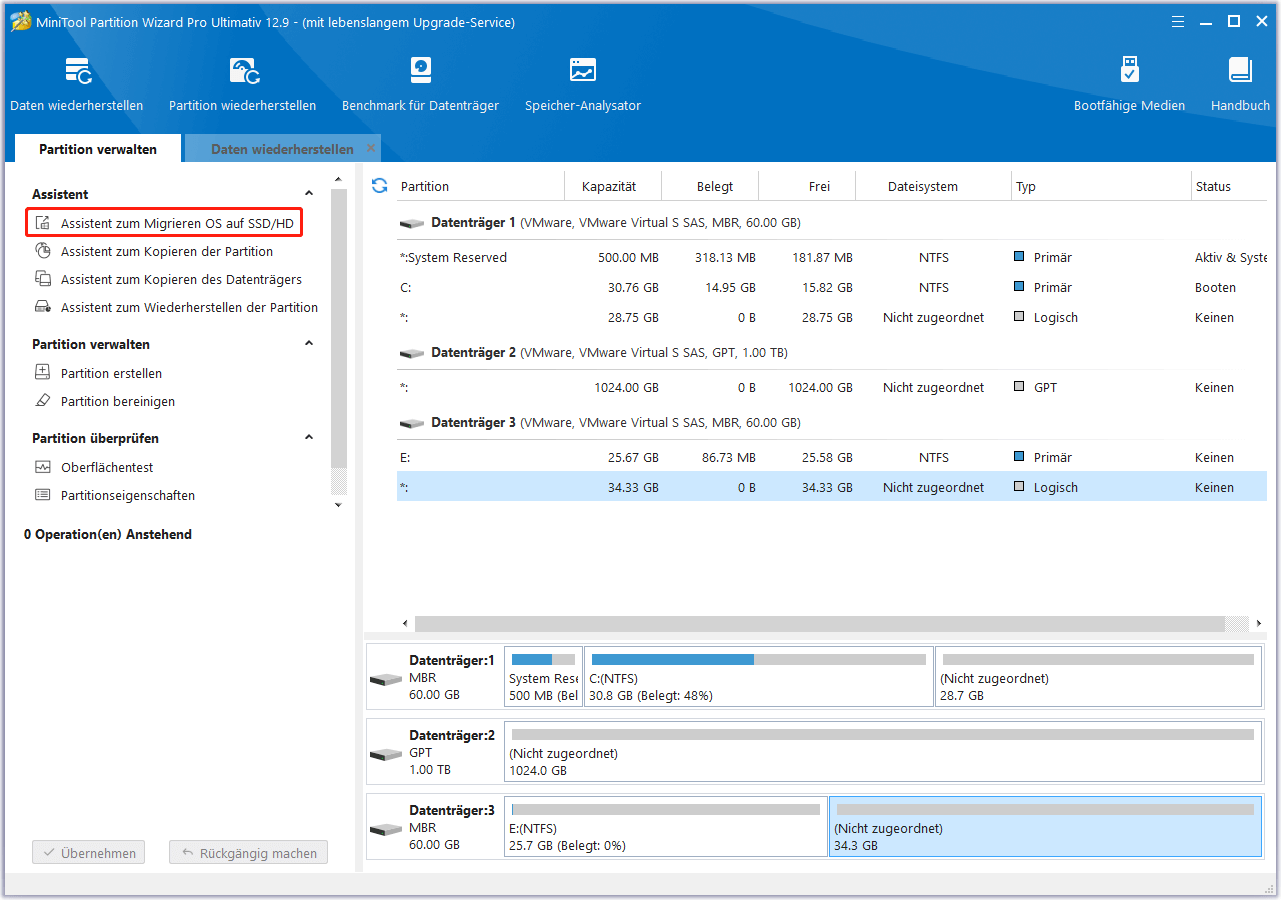 Klicken Sie auf die Funktion Assistent zum Migrieren OS auf SSD/HD, um einen Datenträger in MiniTool Partition Wizard zu migrieren
