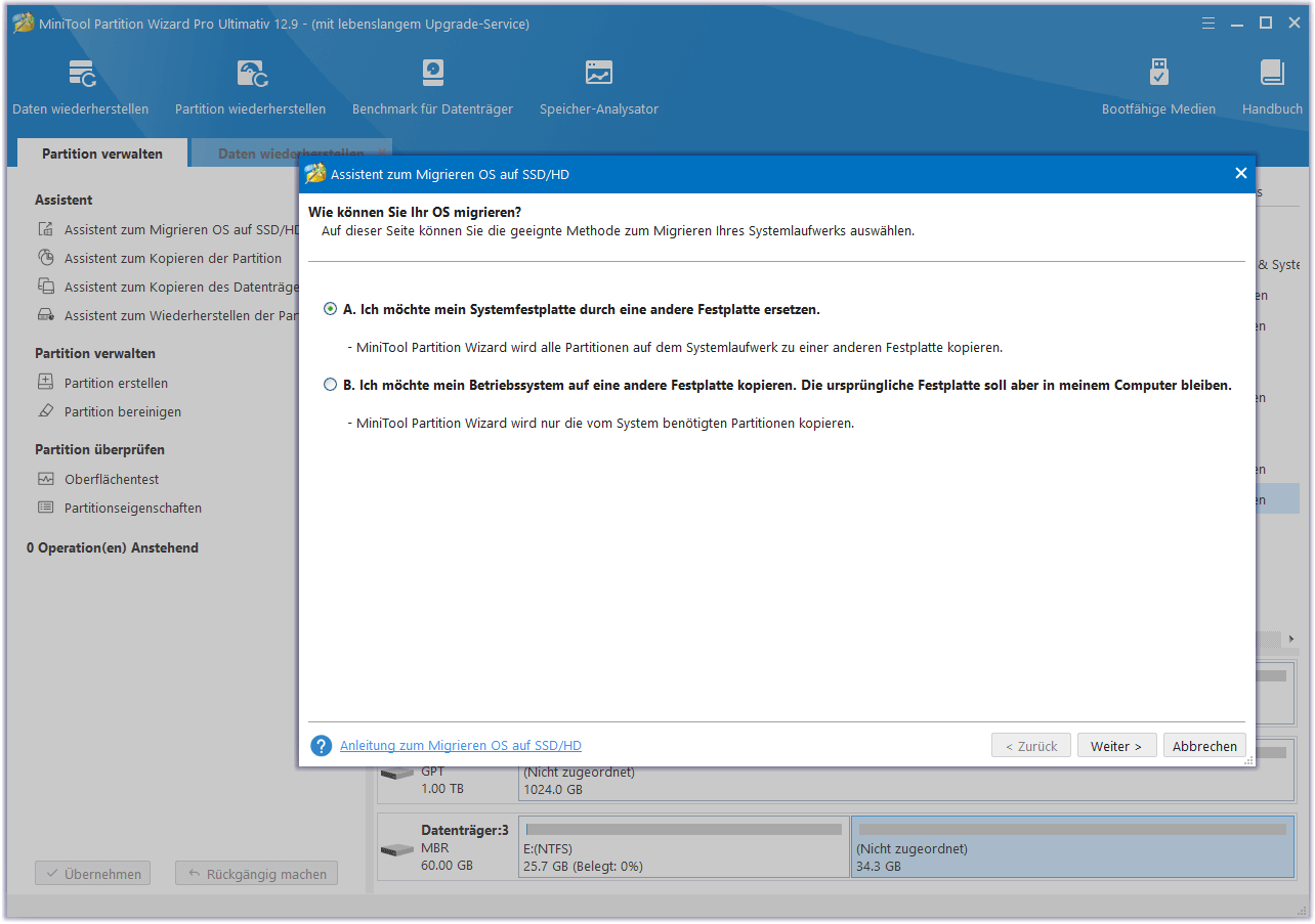Wählen Sie in MiniTool Partition Wizard einen Weg, um einen Datenträger zu migrieren