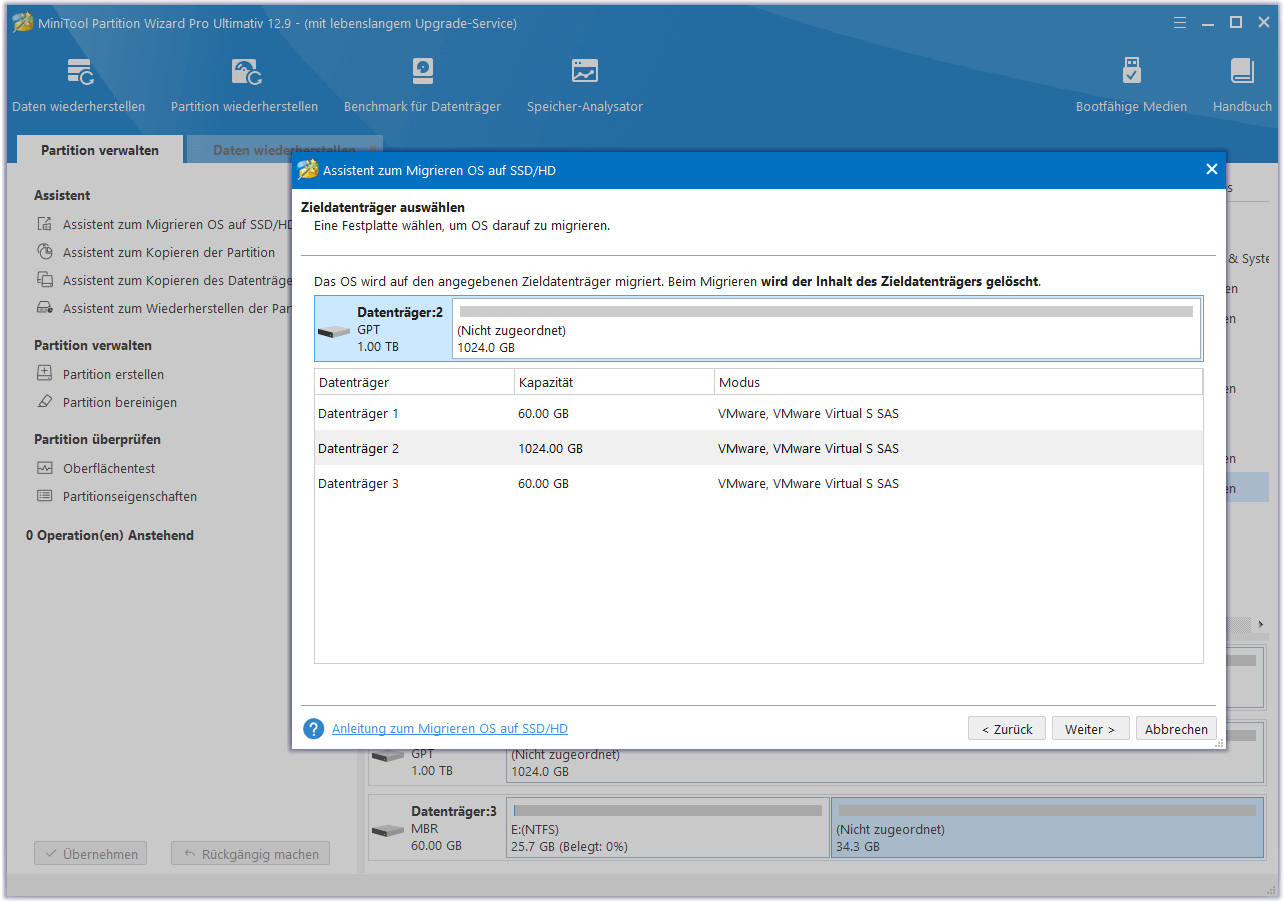 Ziellaufwerk in MiniTool Partition Wizard auswählen