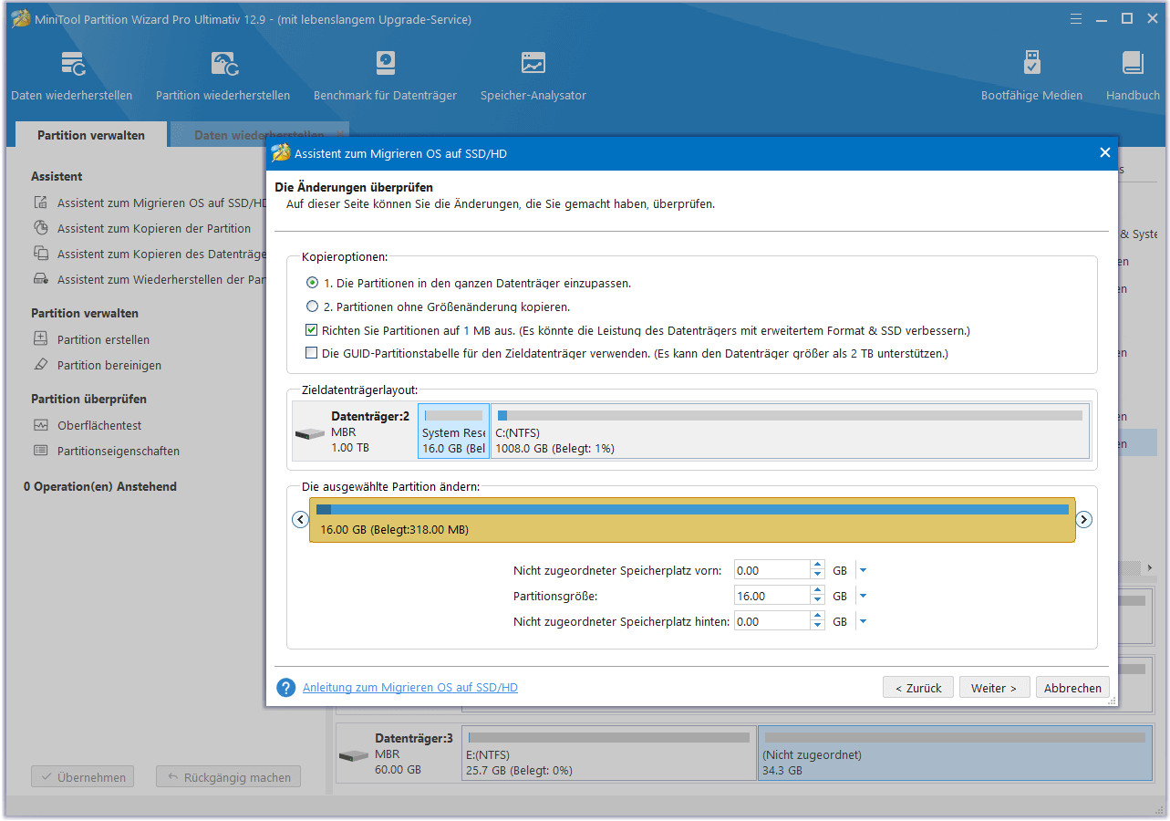 Wählen Sie eine Kopieroption in MiniTool Partition Wizard