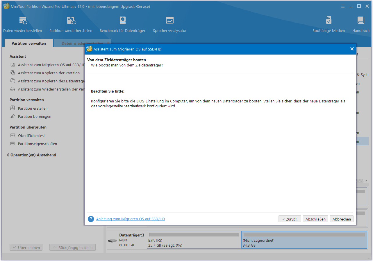 Lesen Sie den Boot-Hinweis und klicken Sie auf die Schaltfläche Abschließen in MiniTool Partition Wizard