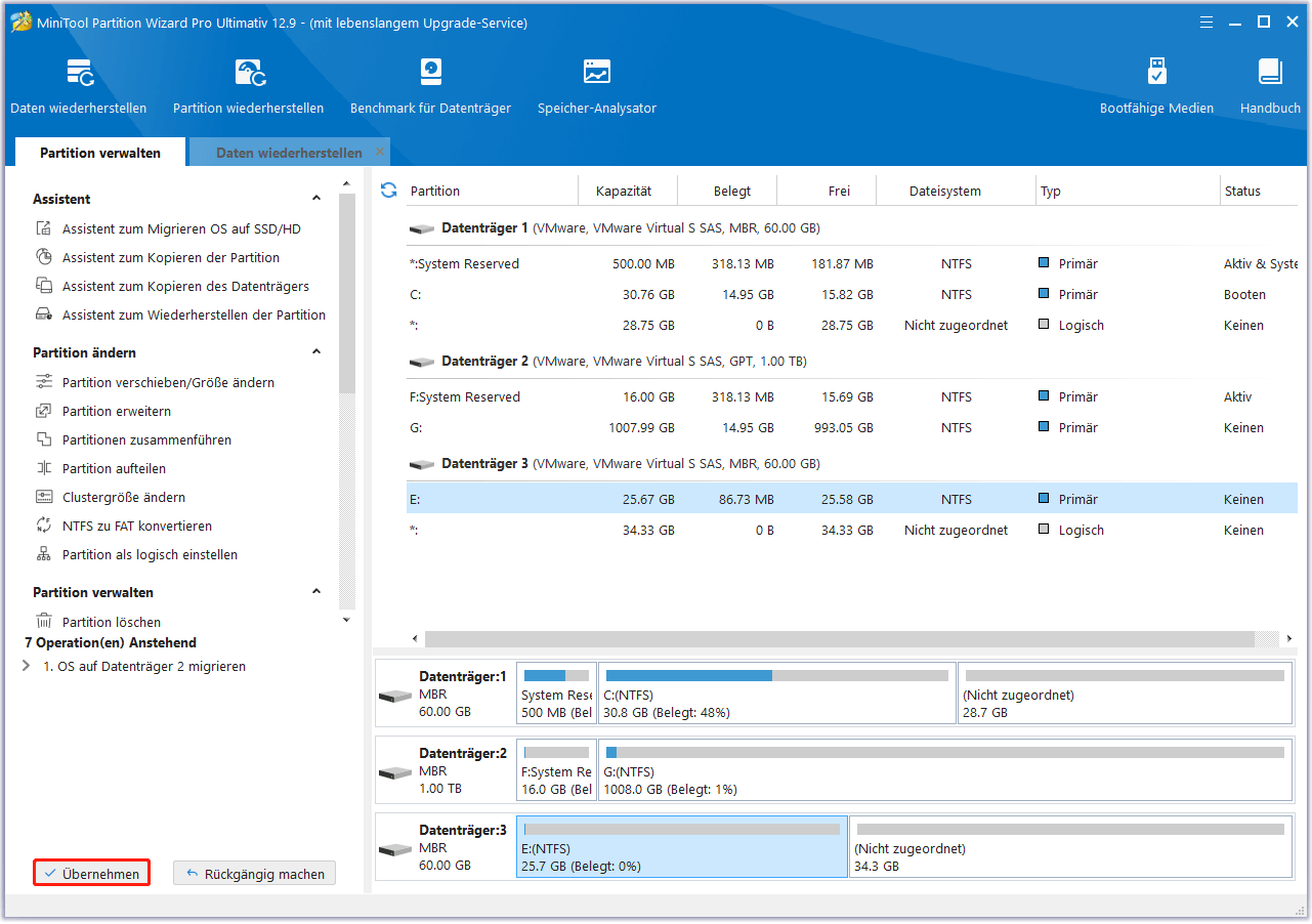 Klicken Sie auf die Schaltfläche Übernehmen, um den Migrationsprozess in MiniTool Partition Wizard abzuschließen