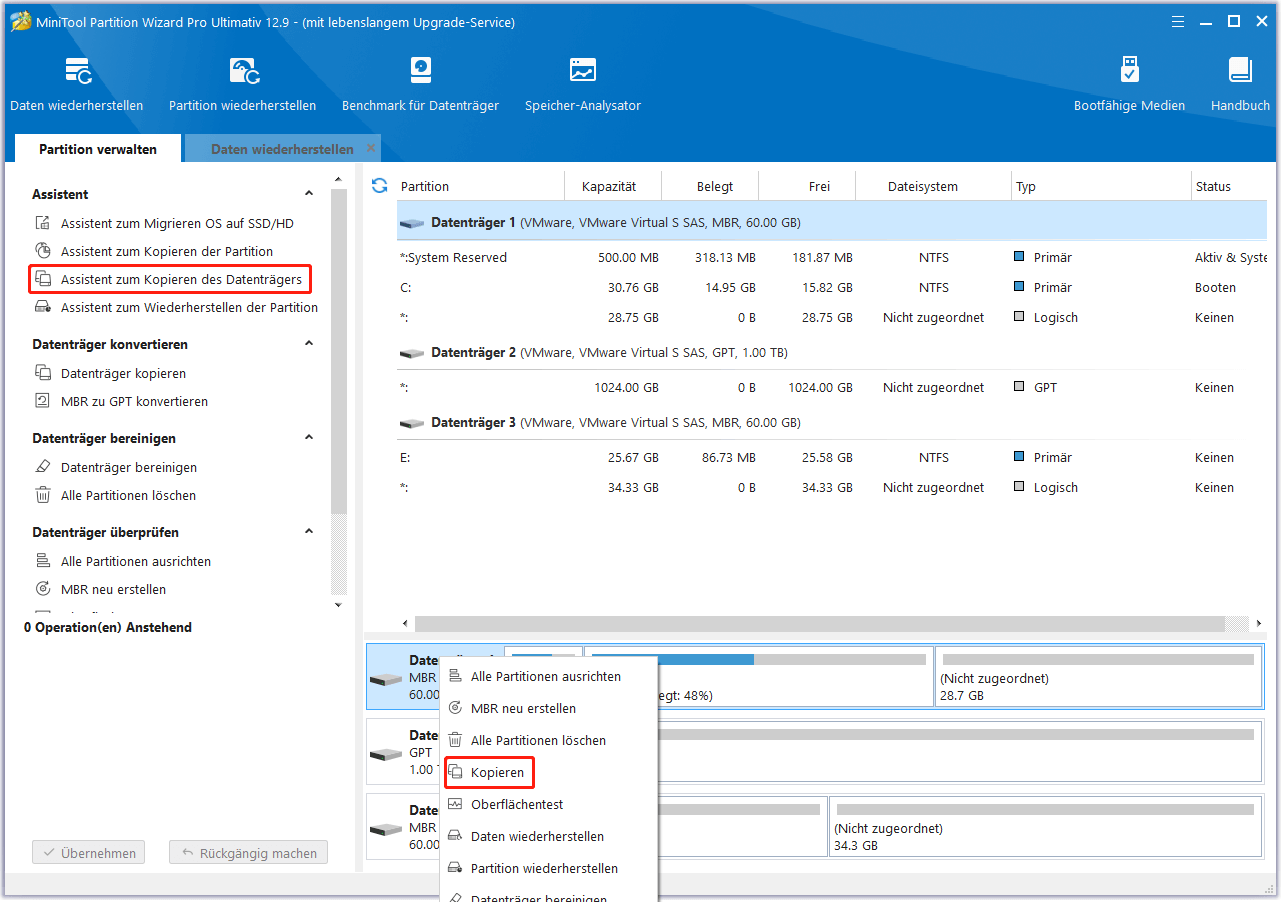 Klicken Sie in MiniTool Partition Wizard auf die Funktion Kopieren, um einen Datenträger zu klonen.