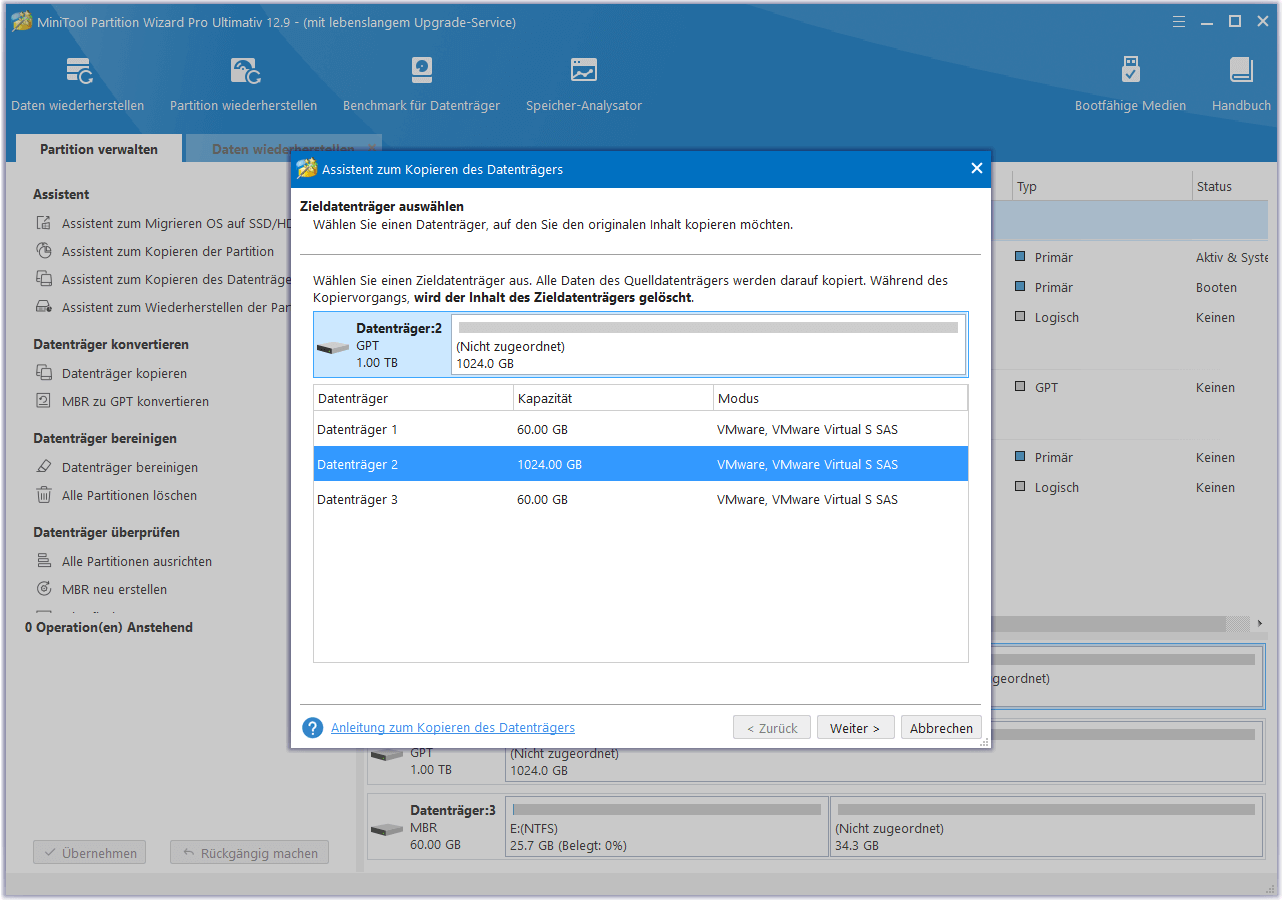 Ziellaufwerk in MiniTool Partition Wizard auswählen
