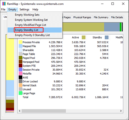 Unter dem Tab Empty wählen Sie auf die Option Empty Standby List