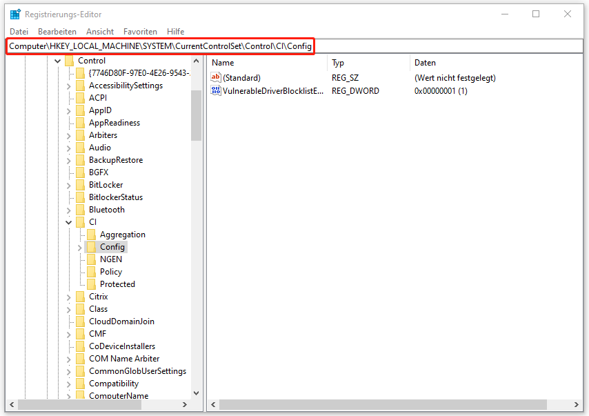 HKEY_LOCAL_MACHINE\SYSTEM\CurrentControlSet\Control\CI\Config