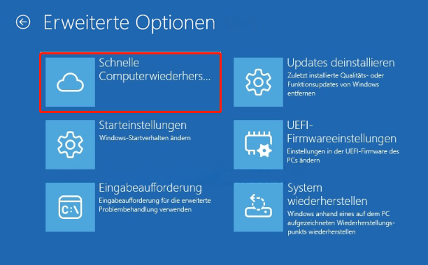 Die Schnelle Maschinenwiederherstellung wird im Menü "Erweiterte Optionen" in der Windows-Wiederherstellungsumgebung angezeigt.