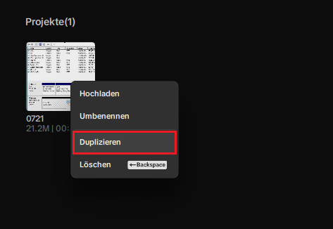 klicken Sie in CapCut auf das Zielprojekt und wählen Sie „Duplizieren“ aus