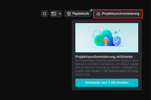 klicken Sie auf der Startseite von CapCut auf „Projektsynchronisierung“