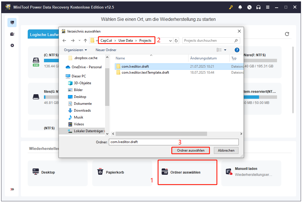 klicken Sie in MiniTool Power Data Recovery auf „Ordner auswählen“ und dann auf „Durchsuchen“, um den zu scannenden Ordner im Popup-Fenster auszuwählen