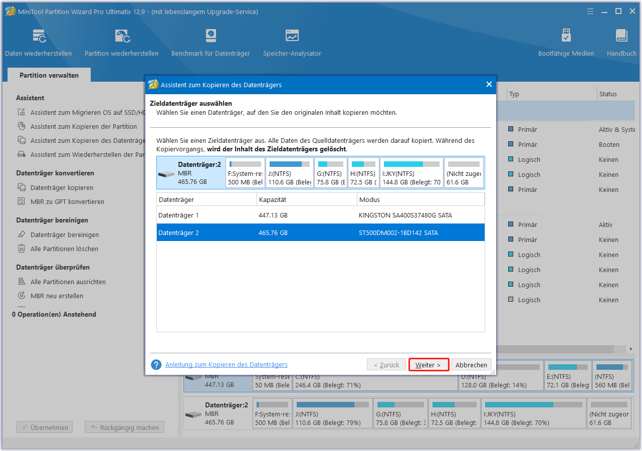 wählen Sie einen Zieldatenträger in MiniTool Partition Wizard