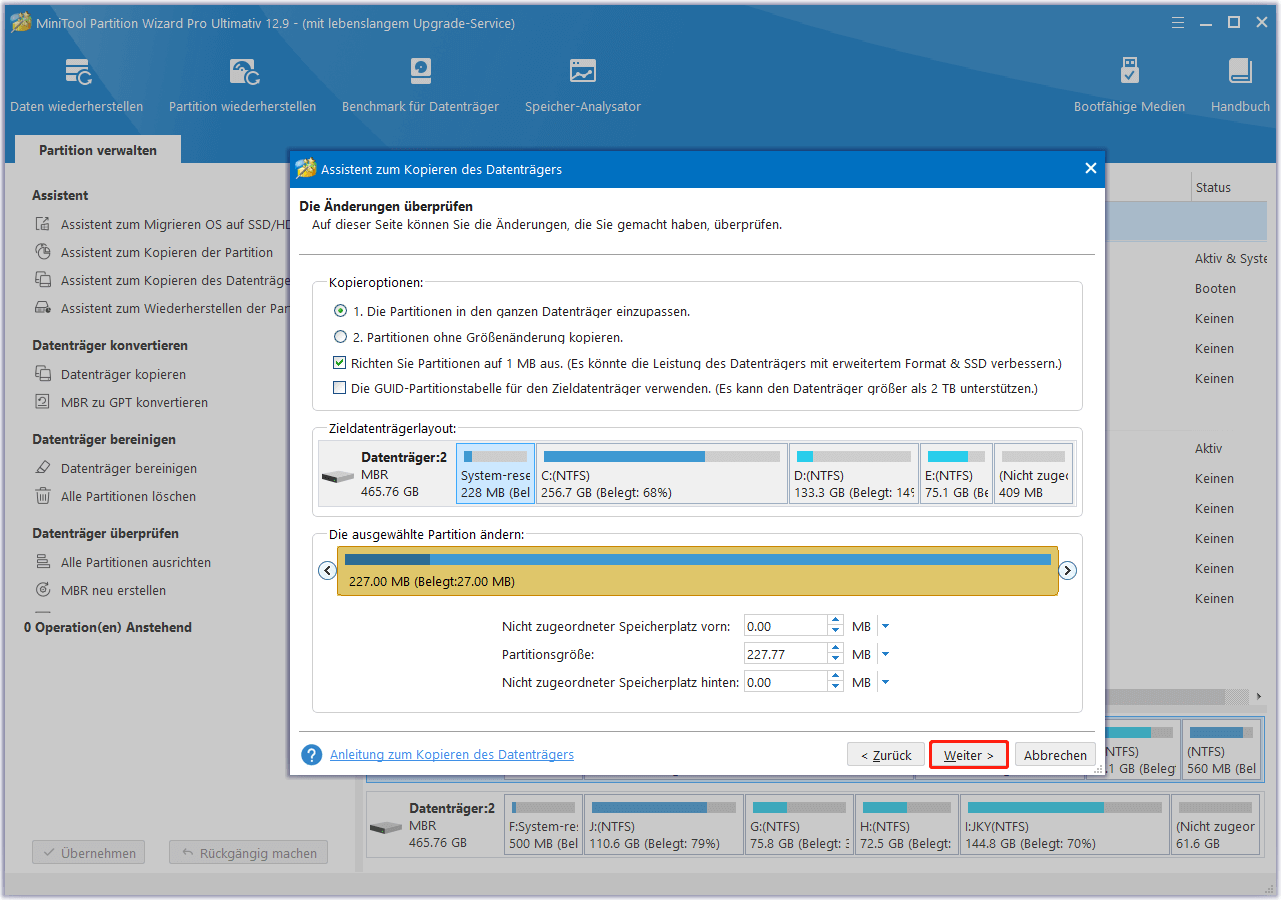In MiniTool Partition Wizard das Layout des Zieldatenträgers anpassen