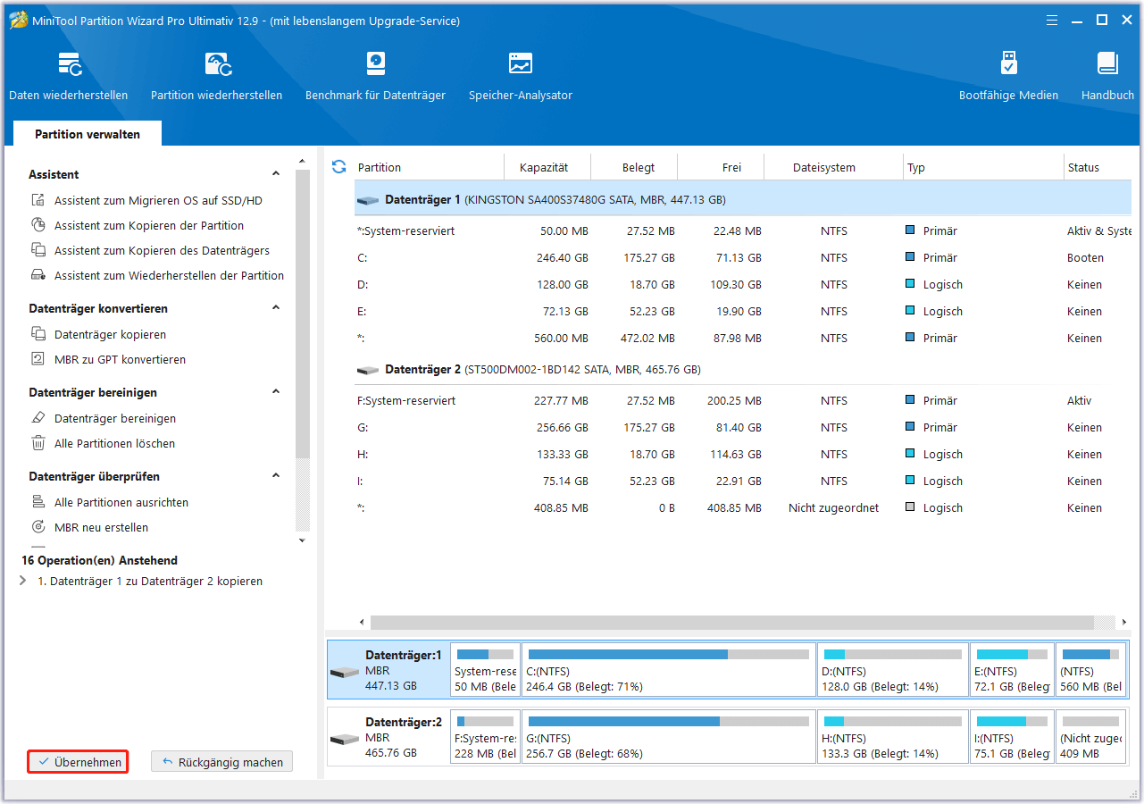 Klicken Sie auf die Schaltfläche Übernehmen in MiniTool Partition Wizard