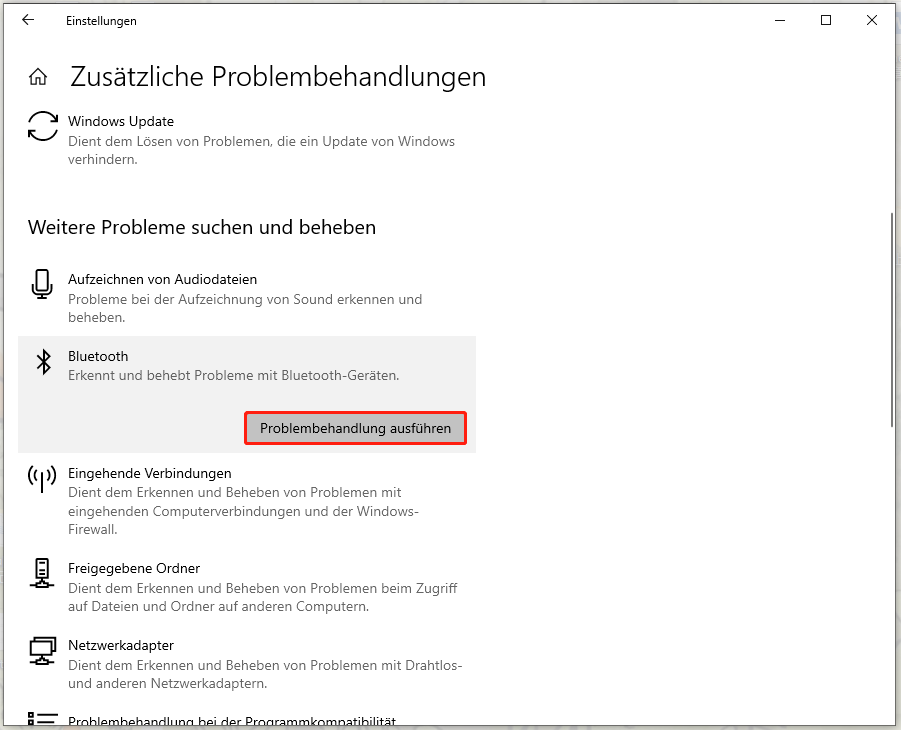 Ausführen der Bluetooth-Problembehandlung in Windows 10