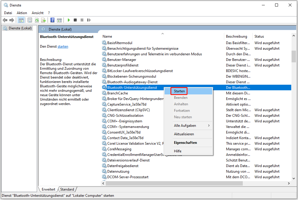 Bluetooth Support Service starten