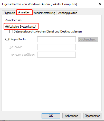Wechseln Sie zur Registerkarte Anmelden und wählen Sie die Option Lokales Systemkonto.
