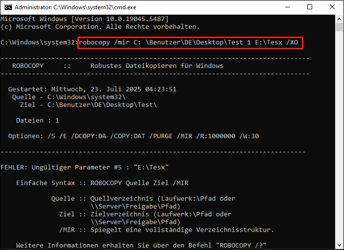 robocopy /mir quelle ziel /xo