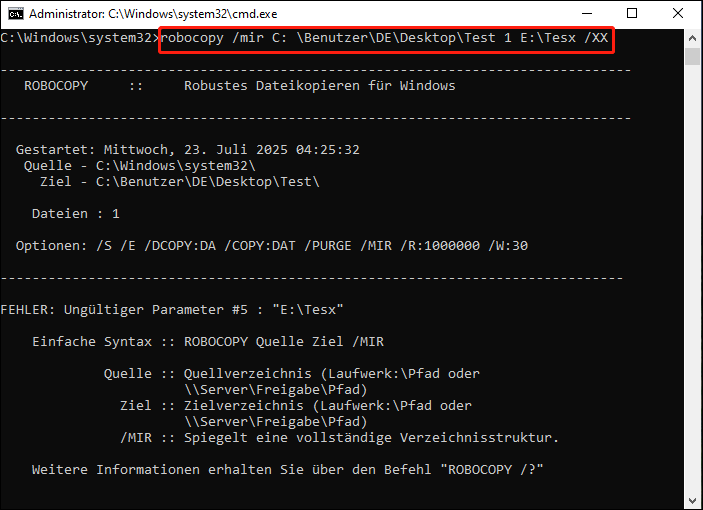 robocopy /mir quelle ziel /xx