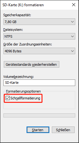 Die Formatierungsoptionen unter Windows