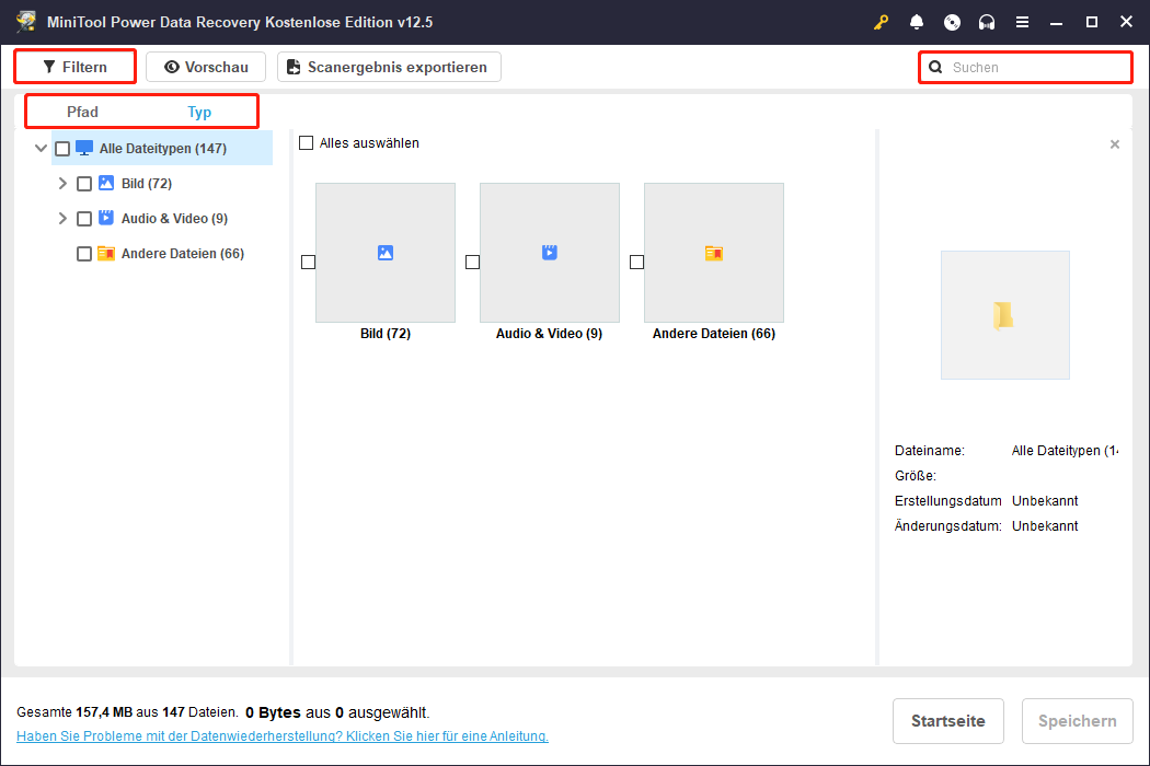 Verwenden Sie die Funktionen Filtern, Pfad, Typ und Suchen in MiniTool Power Data Recovery
