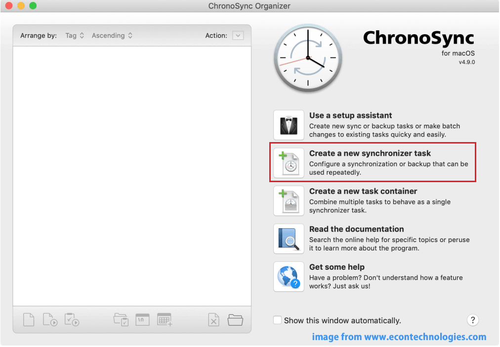 im Fenster „ChronoSync Organizer“ auf die Option „Neue Synchronisierungsaufgabe erstellen“ klicken
