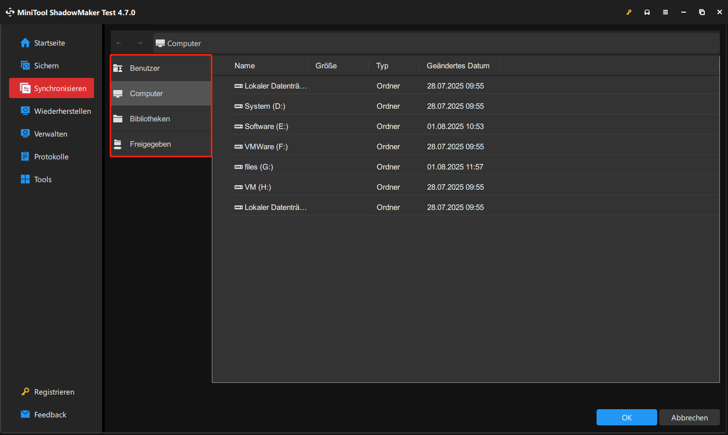 vier Optionen für Speicherort der Dateisynchronisierung in MiniTool ShadowMaker