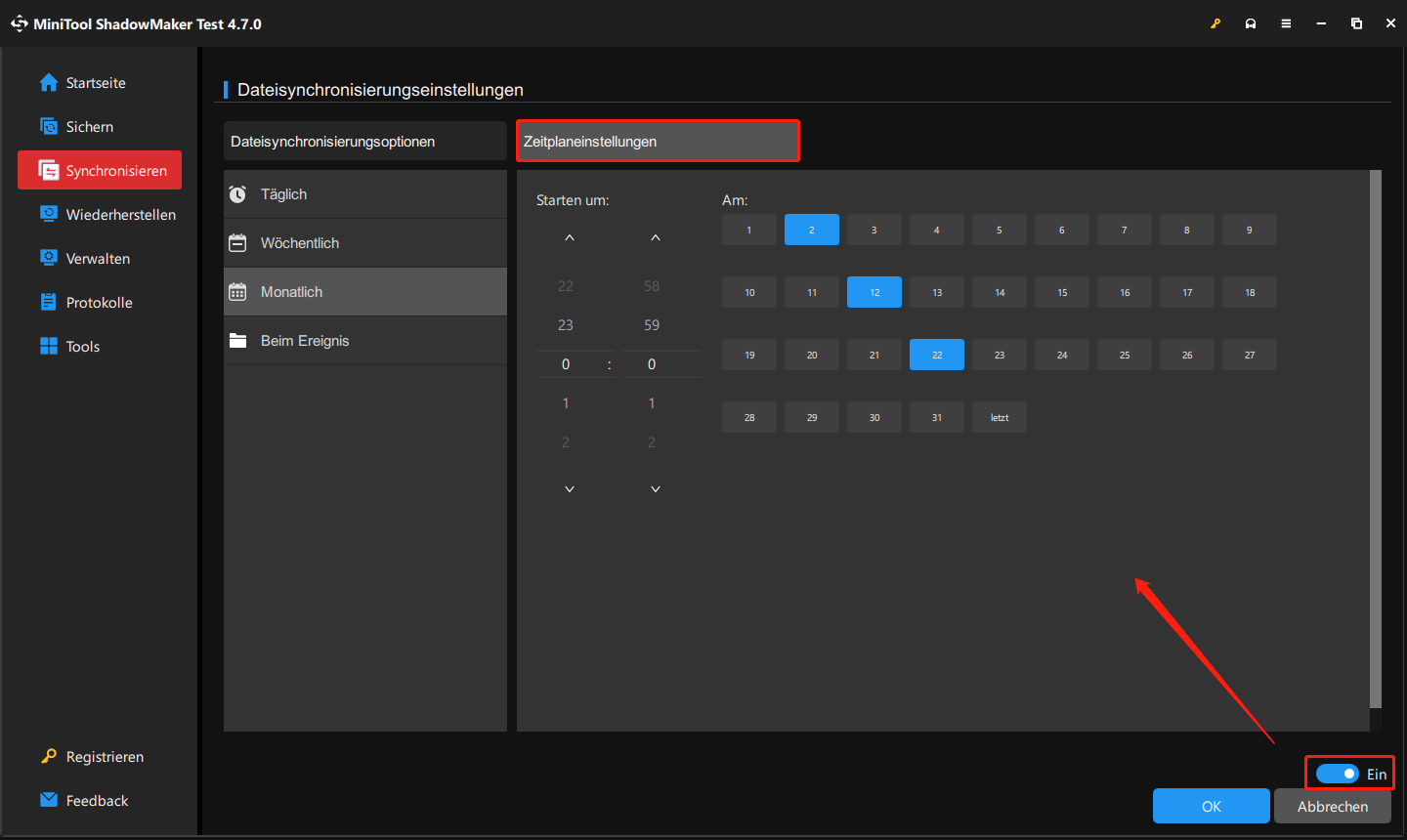 geplante Synchronisierung mit der Funktion „Zeitplaneinstellungen“ in MiniTool ShadowMaker erstellen