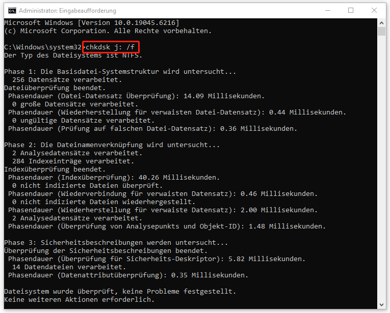 chkdsk j: /f im Befehlsfenster ausführen