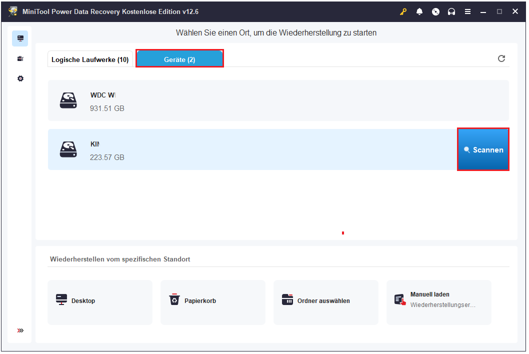 in MiniTool Power Data Recovery zur Registerkarte „Geräte“ wechseln und auf „Scannen“ klicken