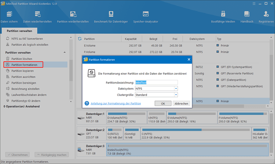 Das Laufwerk formatieren in MiniTool Partition Wizard