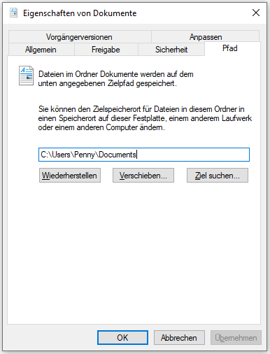 Ändern des Speicherorts des Ordners Dokumente