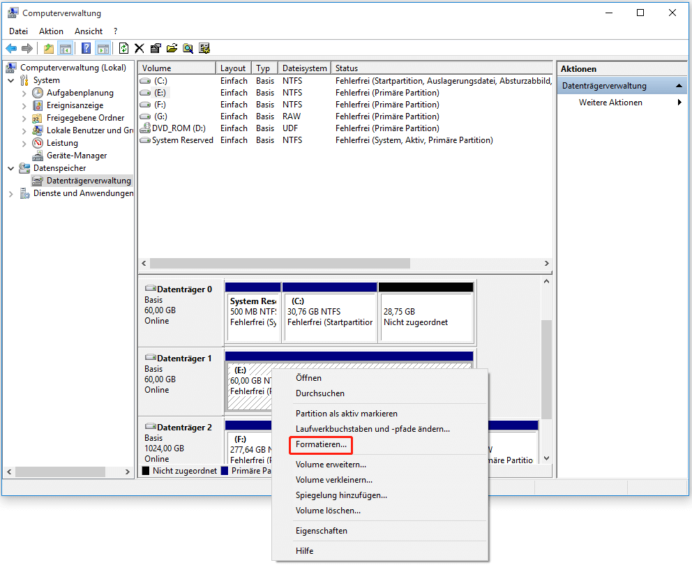 Formatieren der Partition in der Datenträgerverwaltung