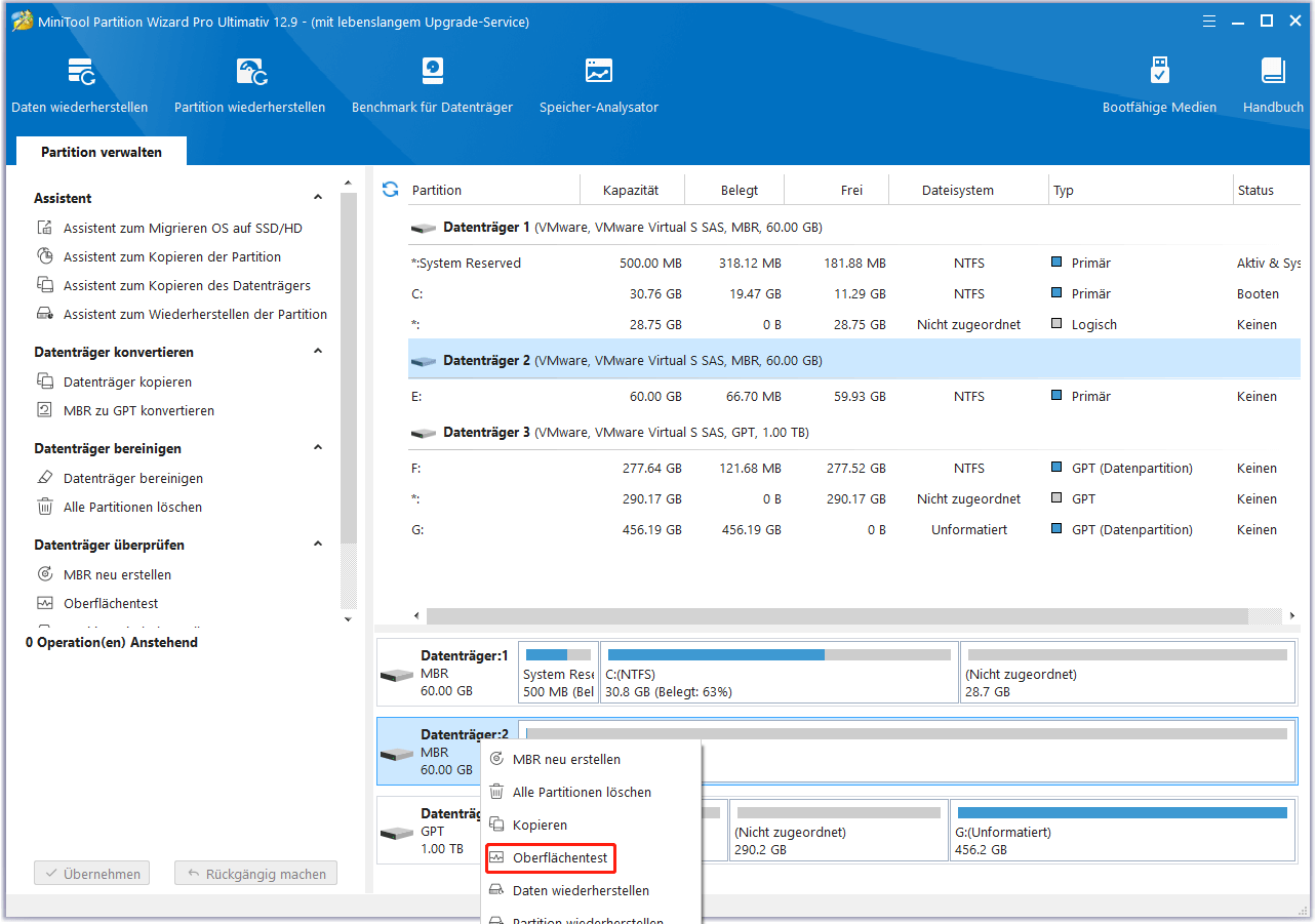 Die Verwendung von Oberflächentest in MiniTool Partition Wizard