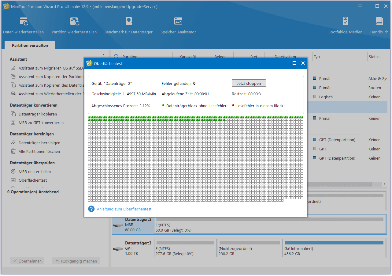 Durchführen des Oberflächentests in MiniTool Partition Wizard