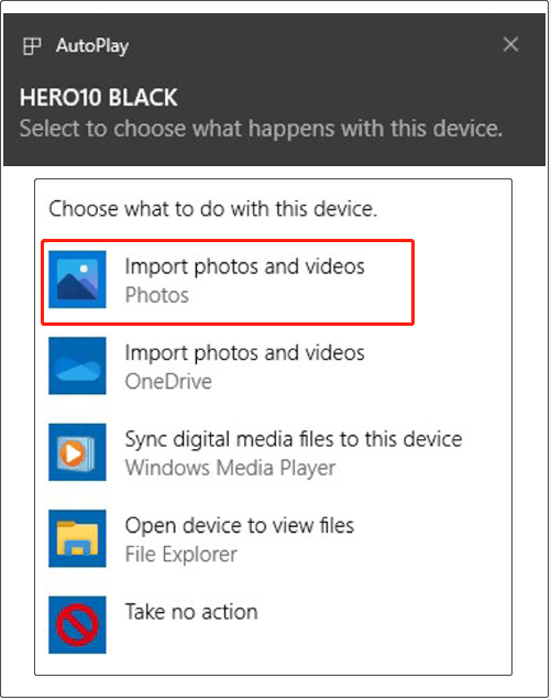 Wählen Sie die Option zum Importieren von Fotos und Videos von der GoPro Kamera auf den PC