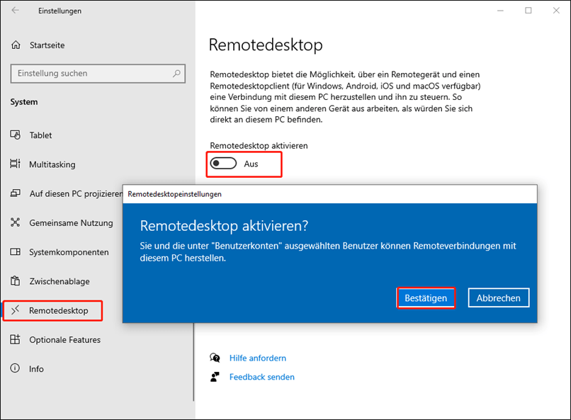 Im rechten Bereich schalten Sie den Schalter auf Ein, um den Remotedesktop zu aktivieren. Im neuen Fenster klicken Sie auf Bestätigen.