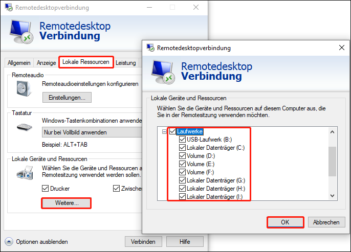 Gehen Sie zur Registerkarte Lokale Ressourcen und klicken Sie dann auf die Schaltfläche weitere unter Lokale Geräte und Ressourcen.