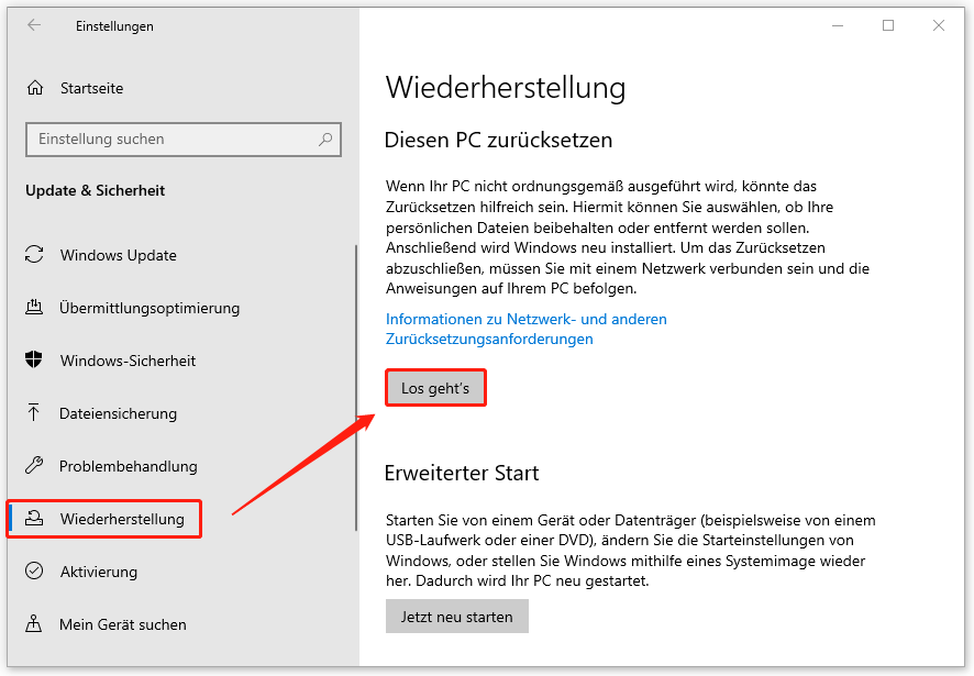 in den Windows-Einstellungen auf „Wiederherstellung“ und dann auf „Los geht’s“ klicken