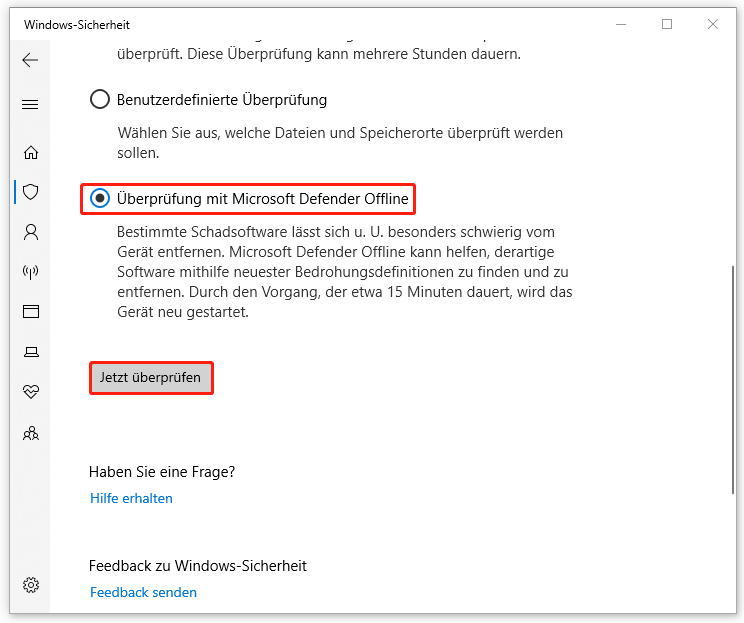 Überprüfung mit Microsoft Defender Offline in der Windows-Sicherheit durchführen