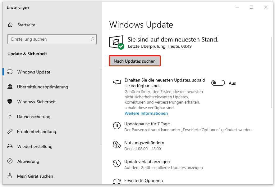 klicken Sie in Windows Update auf „Nach Updates suchen“