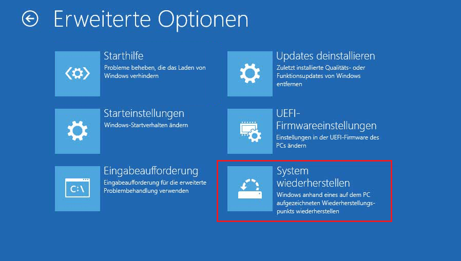 klicken Sie unter „Erweiterte Optionen“ auf „System wiederherstellen“