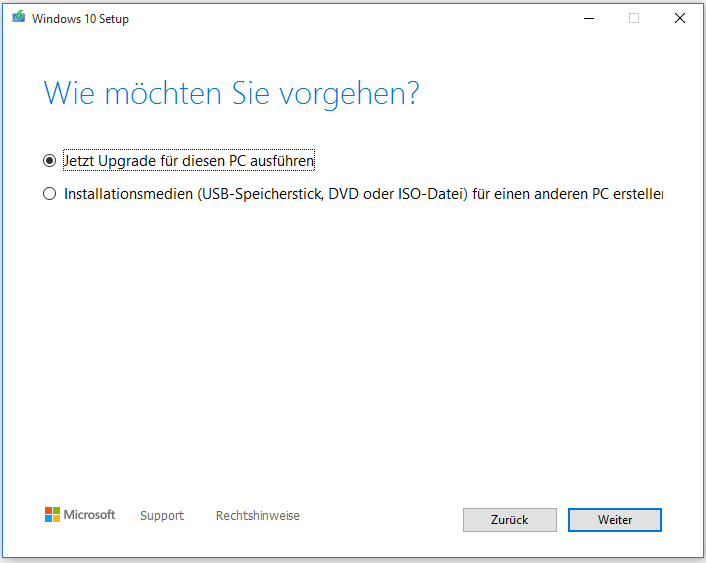 Media Creation Tool ausführen und die Option „Jetzt Upgrade für diesen PC ausführen“ aktivieren