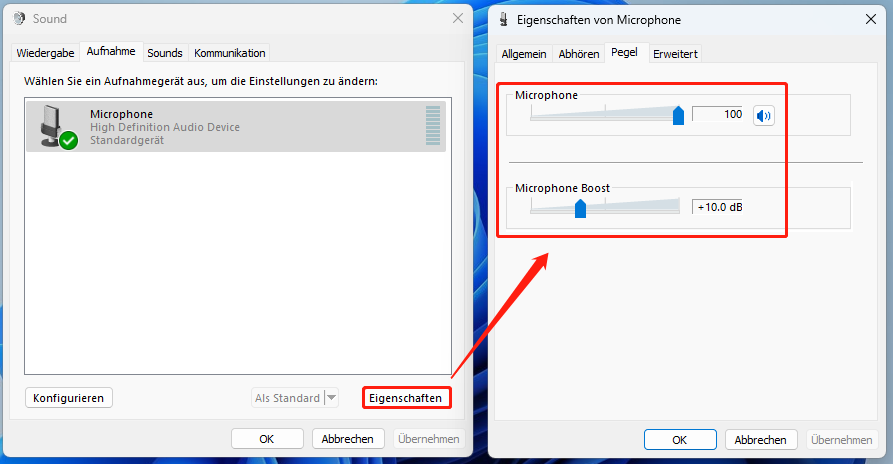 Mikrofonlaustärke in Windows 11 über die Systemsteuerung erhöhen