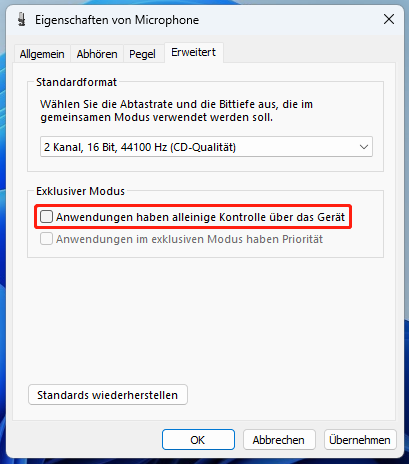 Option „Anwendungen haben alleinige Kontrolle über das Gerät“ deaktivieren