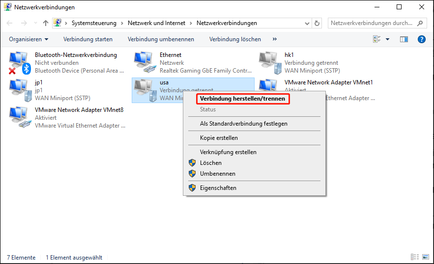 Im Popup-Fenster klicken Sie auf Adaptereinstellungen ändern auf der linken Seite. Rechtsklicken Sie dann auf Ihre VPN-Verbindung und wählen Sie Verbinden/Trennen.