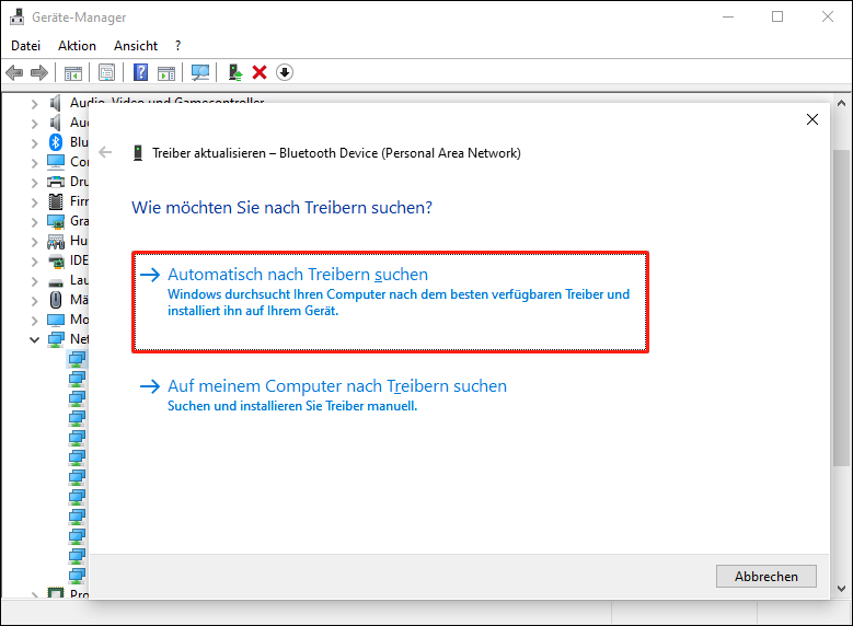 Wählen Sie Automatisch nach Treibern suchen. Folgen Sie den Anweisungen auf dem Bildschirm, um das Update abzuschließen.