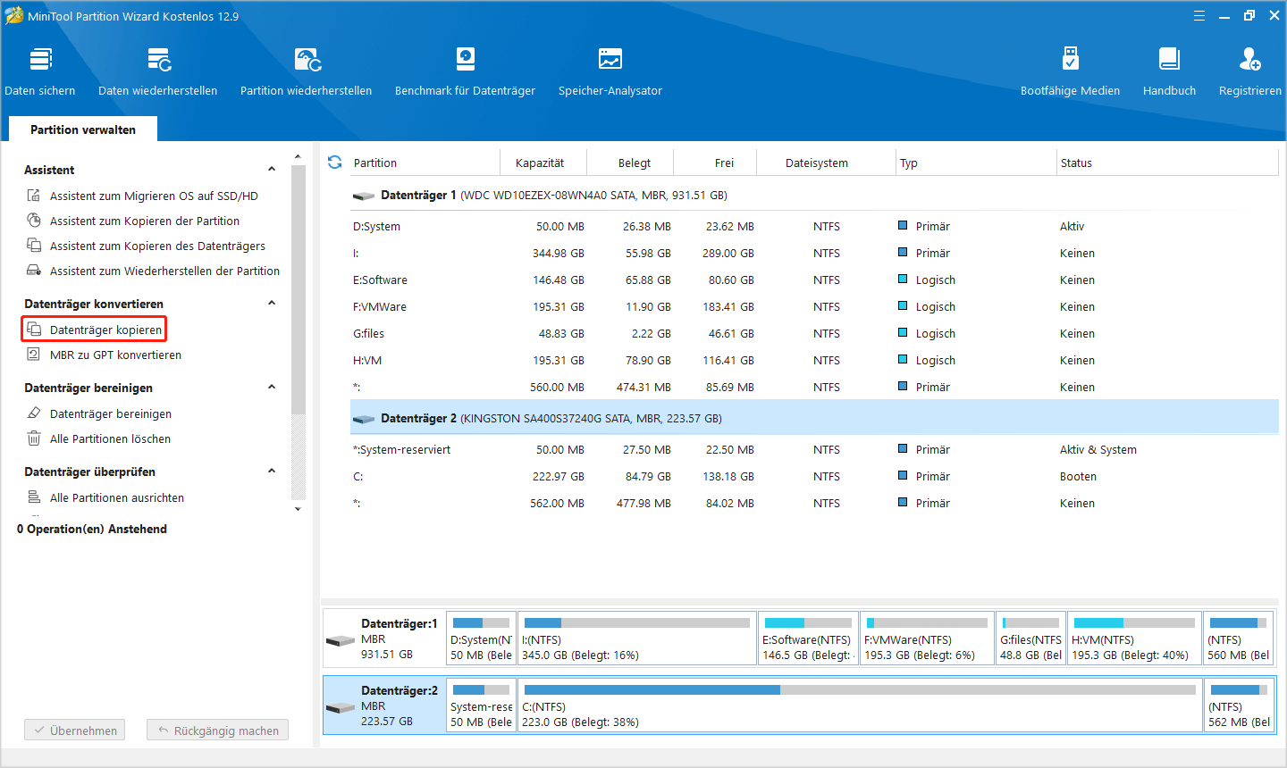 Quellfestplatte in MiniTool Partition Wizard auswählen und auf die Funktion „Datenträger klonen“ klicken